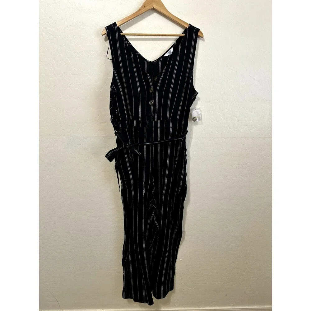 Time & Tru Womans Striped Linen Romper Size XL Sleeveless Tie Waist Boho Western